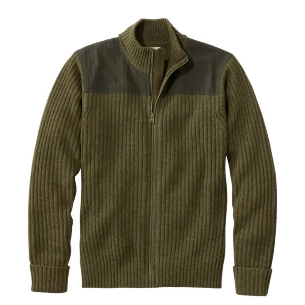 L.L.Bean Commando Sweater Full Zip XXL Loden Heather Merino Wool Military